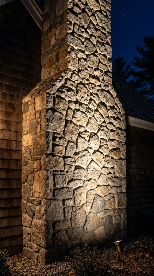 Fieldstone chimney and facade lighting