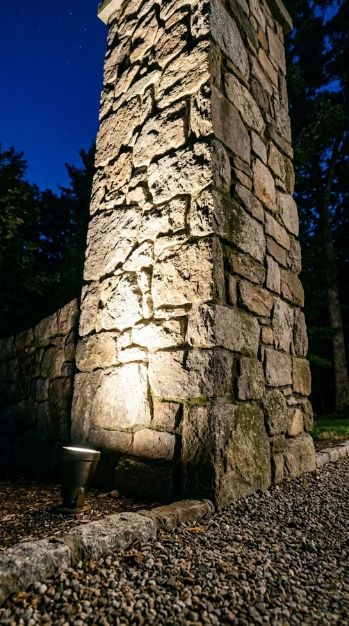 Fieldstone driveway pillar with landscape lighting