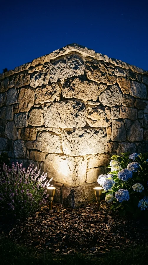 Stone garden wall with landscape lighting