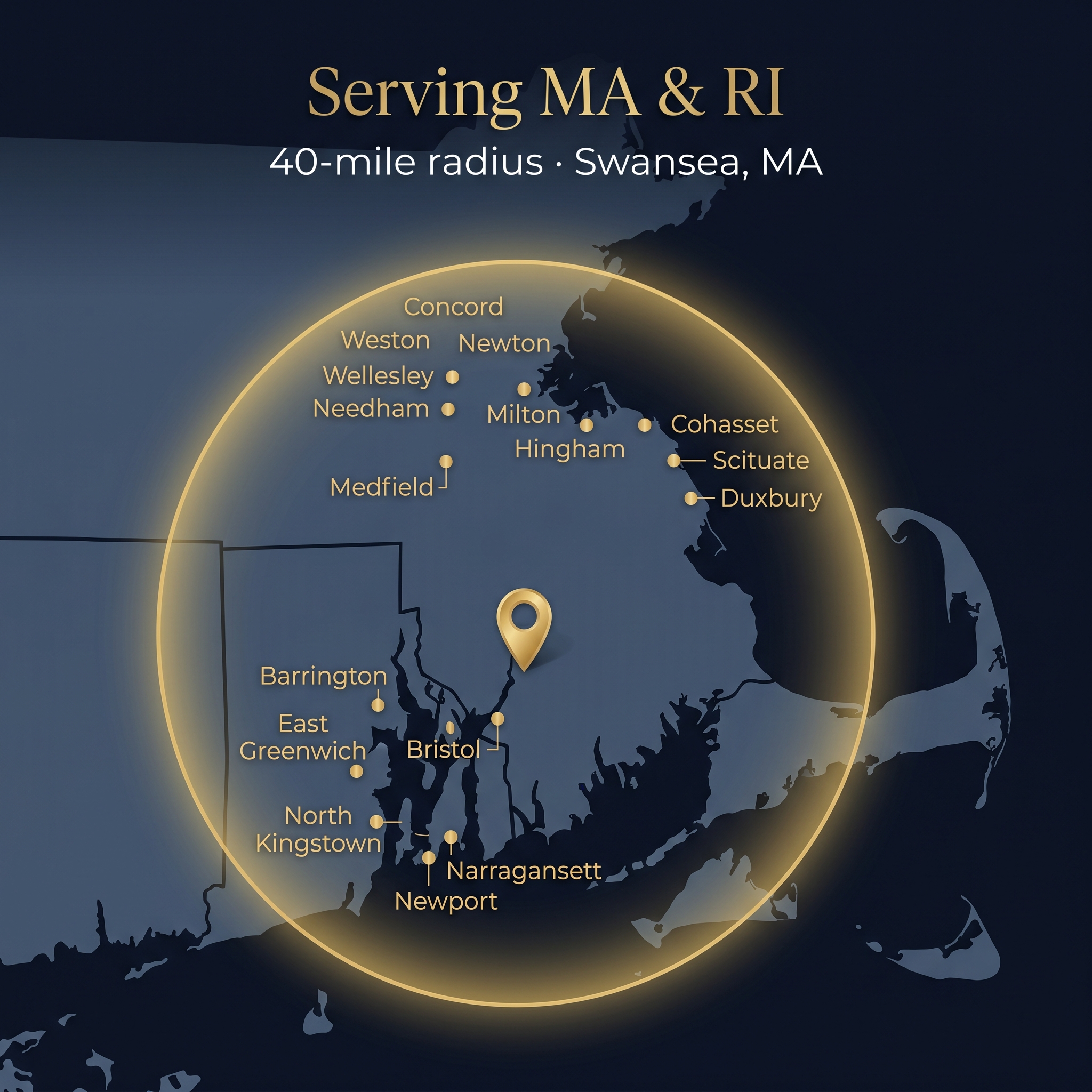 BrightNest service area map, 40-mile radius from Swansea MA covering Massachusetts and Rhode Island