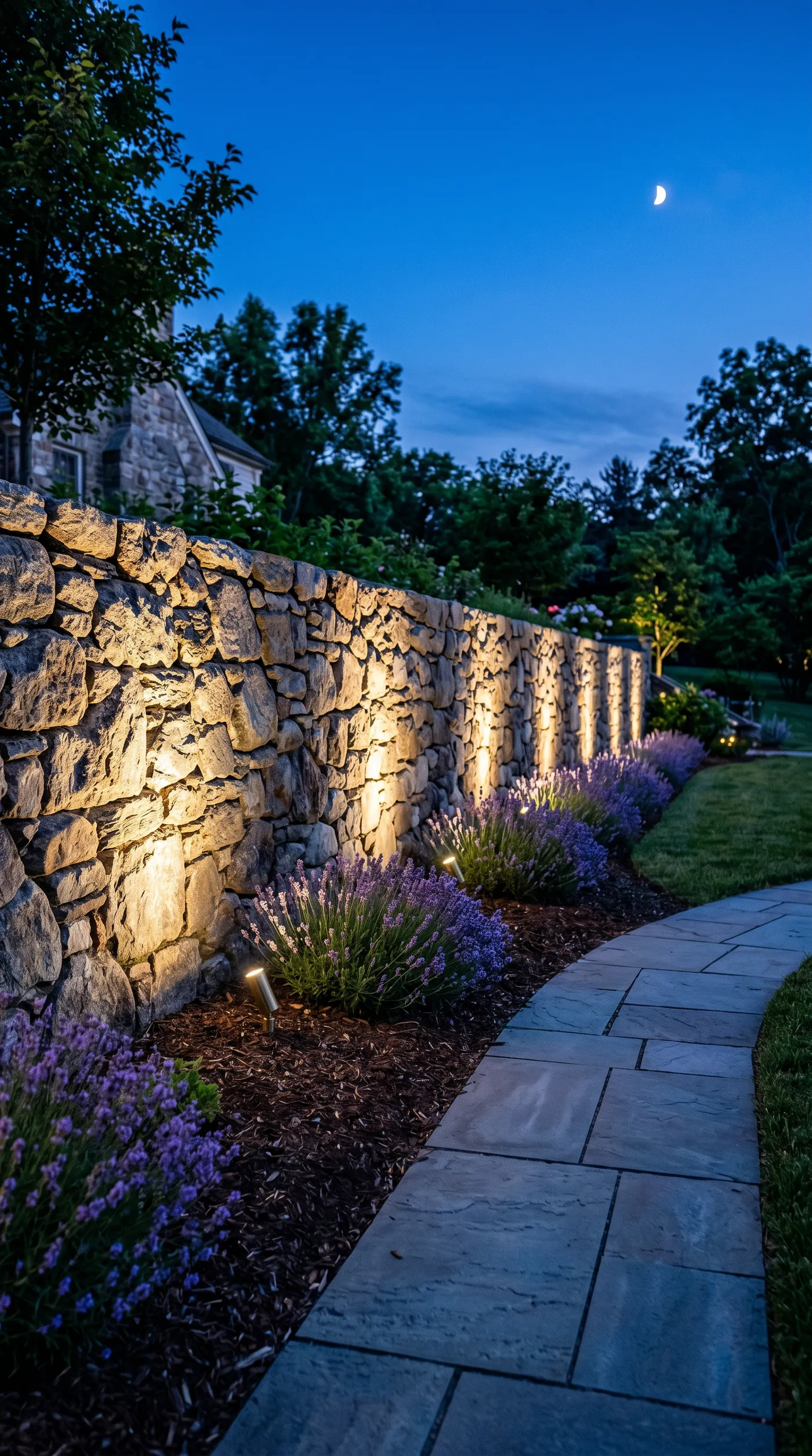 Stone wall with lavender and pathway lighting at dusk